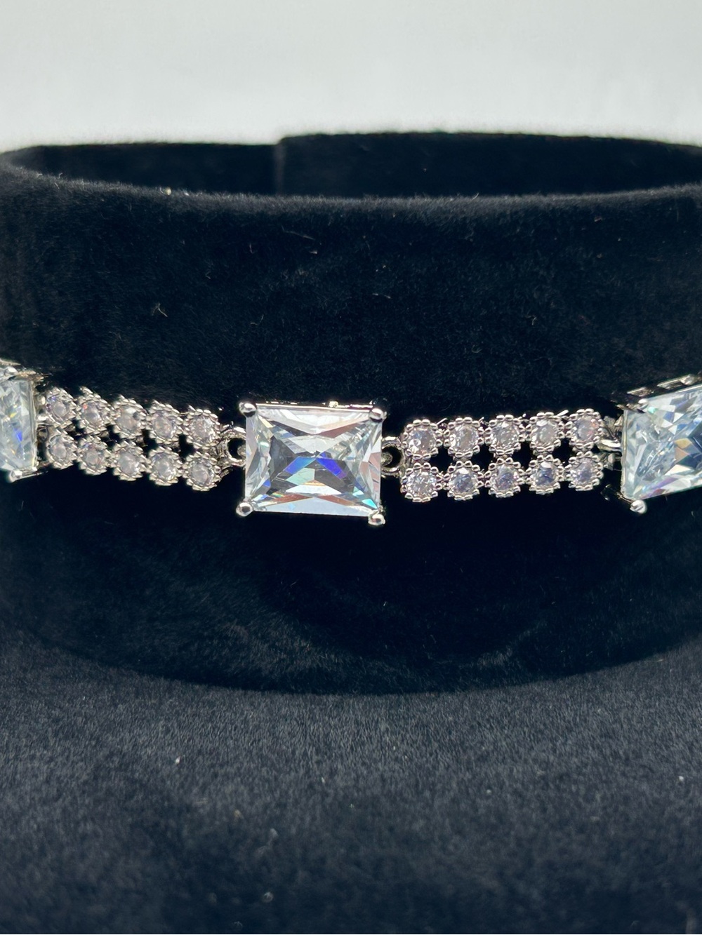 Pale Blue Square Crystal Silver Tone Bracelet 7in